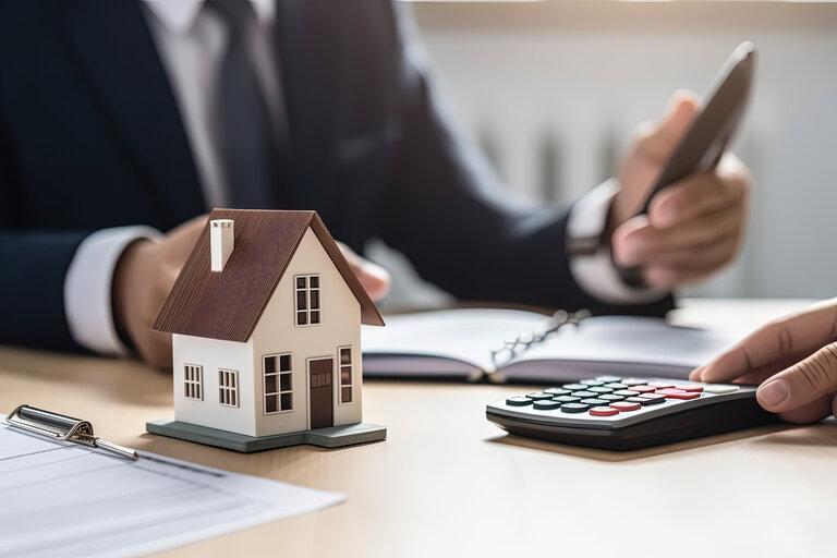 Treffen zwischen Käufer und Makler über den Kauf oder die Miete von Häusern, Versicherung. Konzept der Hypothek und Darlehen Immobilien oder Eigentum.