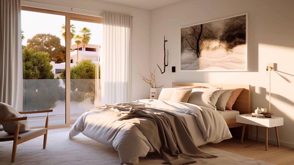 Das Schlafzimmer verfügt über ein weiches Bett mit strukturierten Kissen- und Bettwäscheschichten sowie warmes Umgebungslicht, alles vor dem Hintergrund minimalistischer Architektur, erstellt mit generativer KI-Technologie.