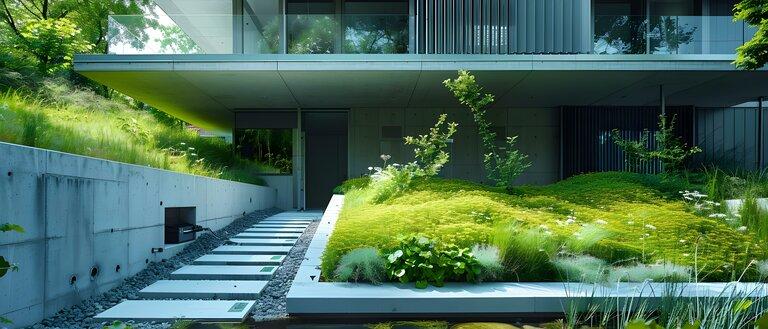 Umweltfreundliches Haus mit Erdwärmepumpe und üppiger Begrünung. Konzept Nachhaltiges Wohnen, Erdwärmepumpen, Green Home Design, üppige Begrünung, umweltfreundliches Wohnen