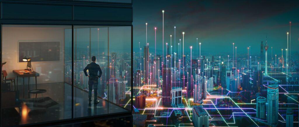 Zukunft der vernetzten Städte: Mann blickt auf digitale Metropole