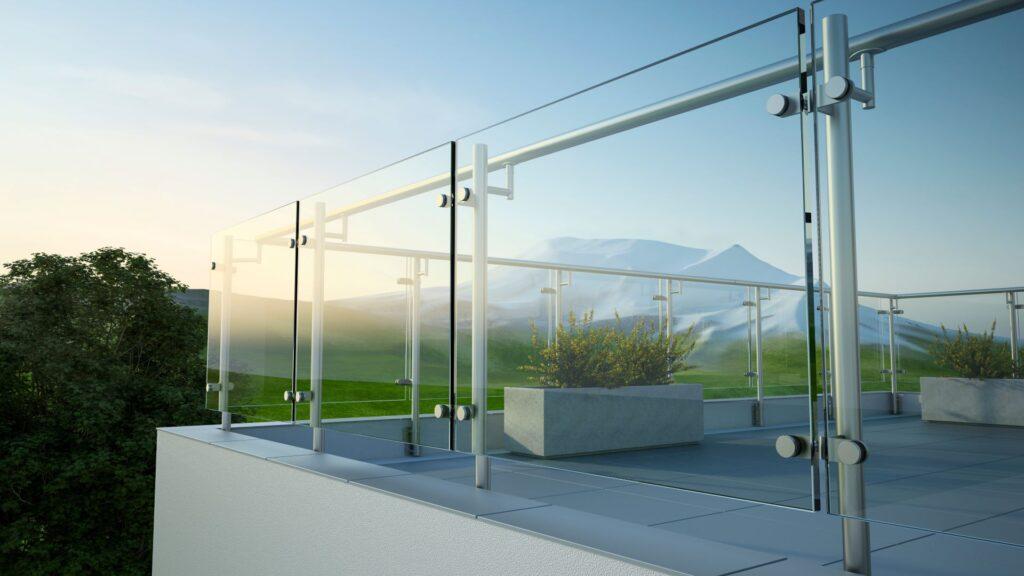 Modernes Balkon-Edelstahlgeländer mit Glasplatte und Landschaftsberg, 3D-Illustration