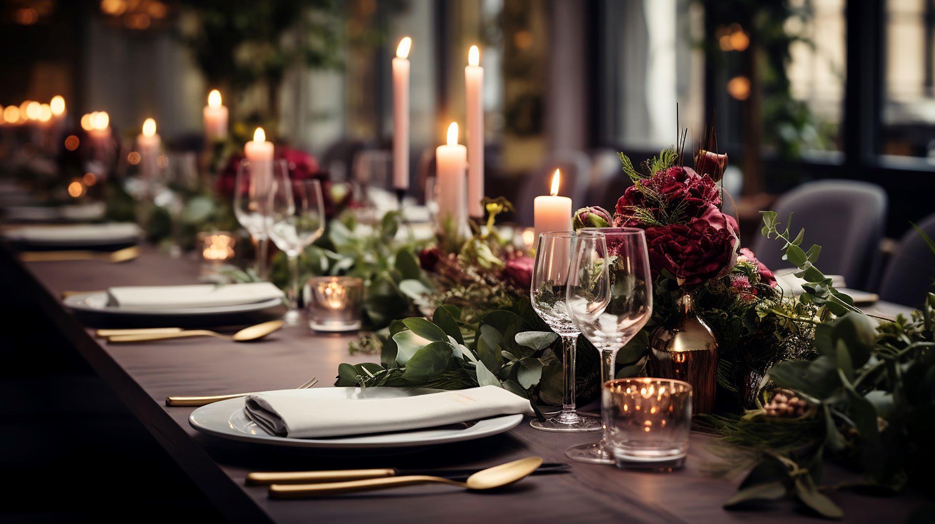 Elegante und erlesene Hochzeitsdekoration Restauranttisch Weinglas und Vorspeisen, auf dem Stehtisch Sanftes Licht und romantische Atmosphäre Dinner-Service-Menü Gäste Kerze 