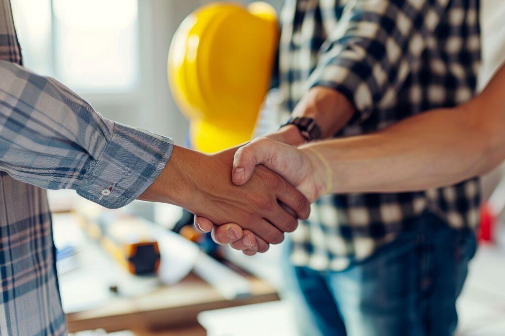 Zwei Personen schütteln sich die Hände nach erfolgreicher Zusammenarbeit an einem Heimprojekt. Effiziente Planung und Kooperation führen zum Erfolg.