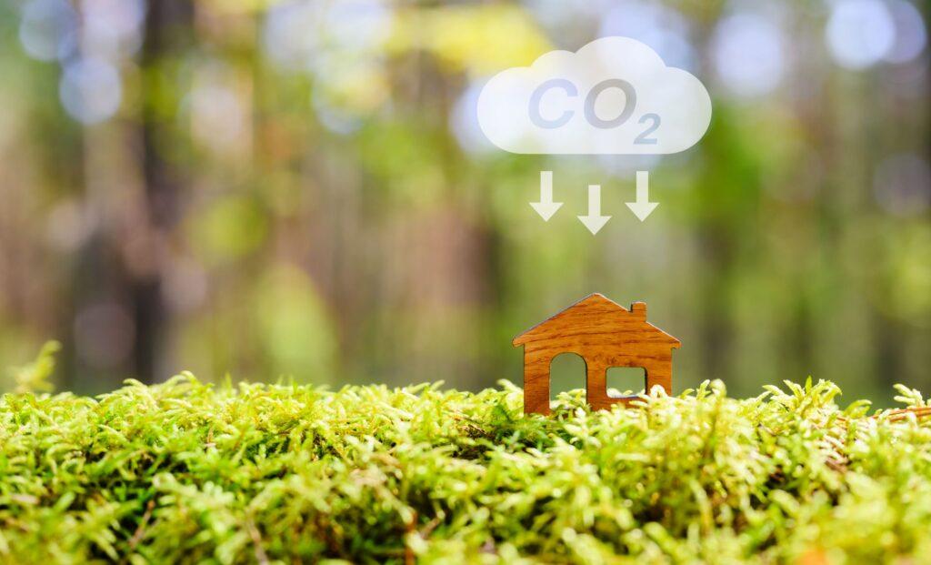 Holzhaus auf Moos mit CO2-Reduktion Symbol.