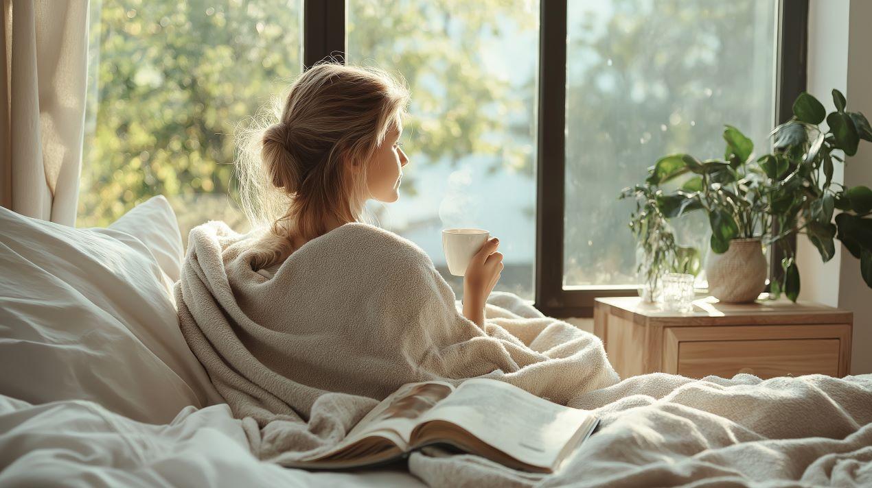 Frau genießt ihren Kaffee im Boxspringbett, eingehüllt in eine weiche Decke, mit Blick auf eine grüne Landschaft durch das Fenster.