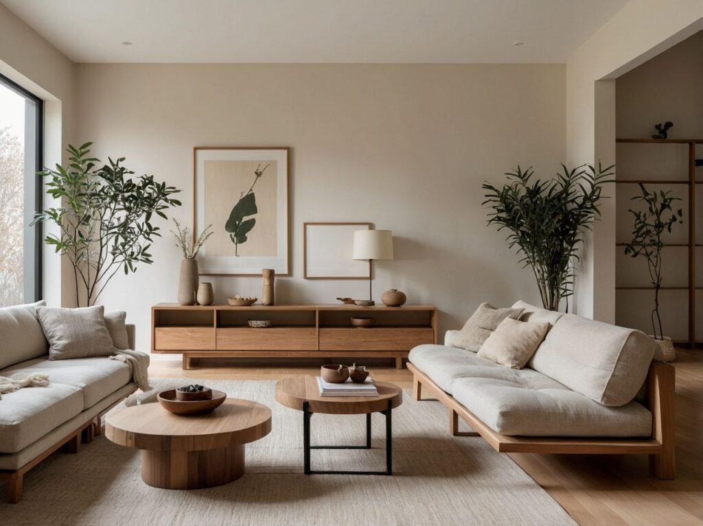 Modernes Wohnzimmer mit Wohnwaenden aus Holz, zwei Sofas und runder Couchtisch in Beige und Naturtoenen