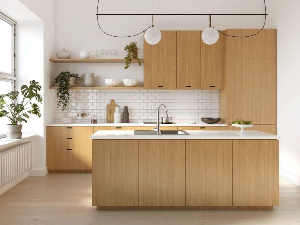 Lichtdurchflutete Holz-Kueche mit Kochinsel und offenem Regal, geplant vom Kuechenstudio Freiberg