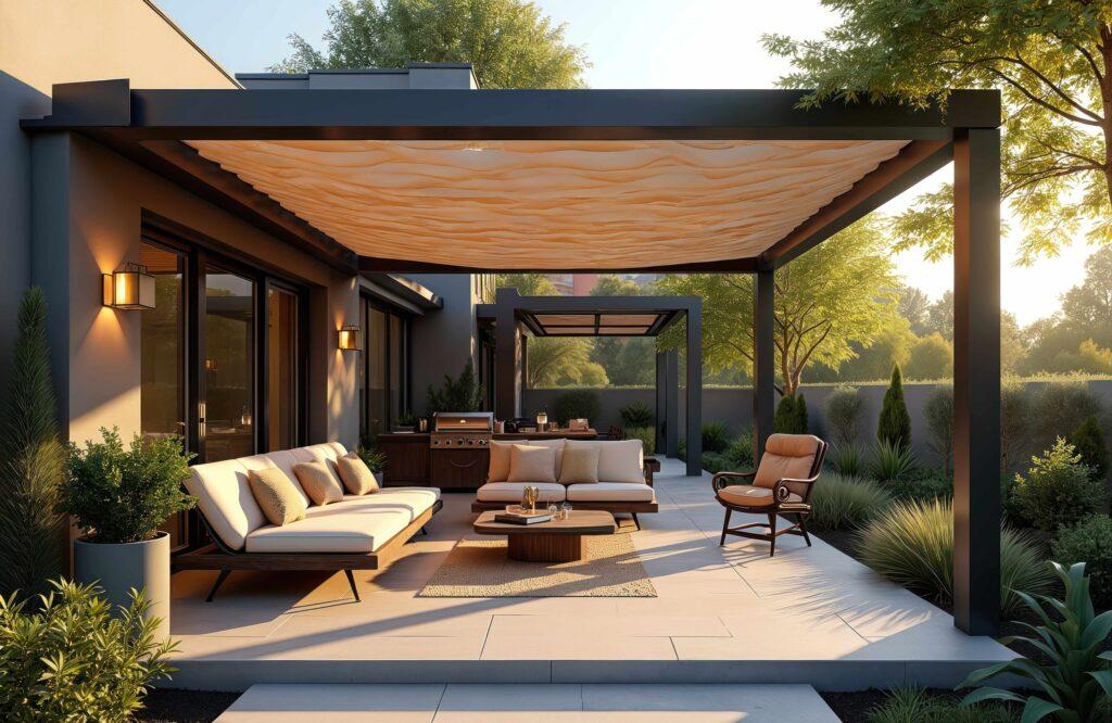 Moderne Gartenterrasse mit trendy Pergola-Schattenspender, Markise. Bequeme Garten-Loungesessel, Metallgrill umgeben von Landschaftsgestaltung.