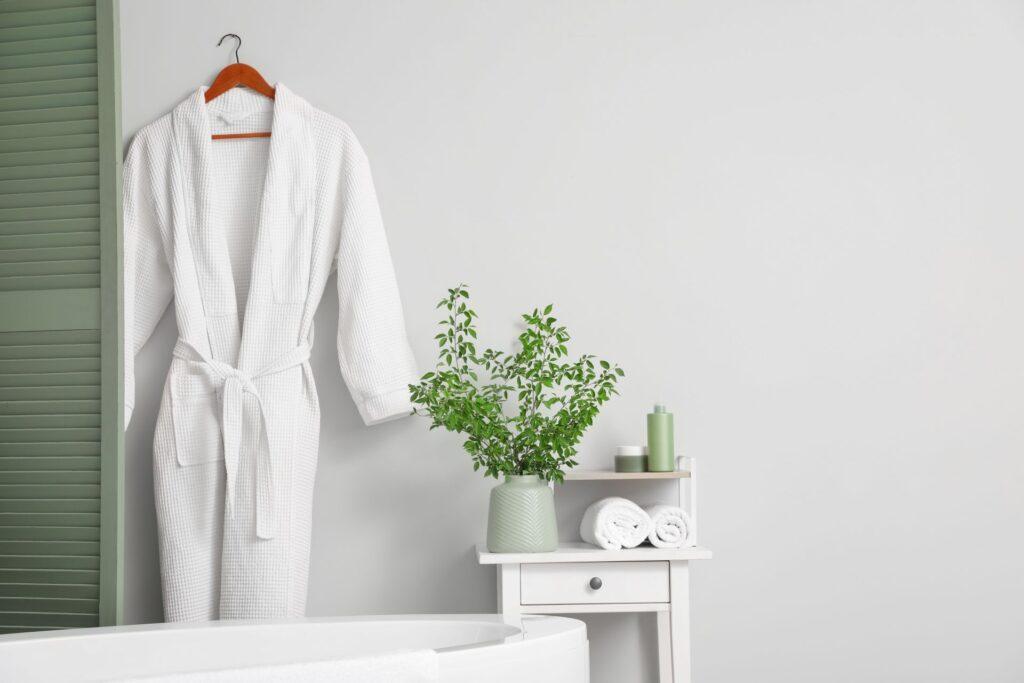 Minimalistisches Badezimmer mit Bademantel und Dekopflanze – entspannte Umgebung fuer moderne WC Dusche