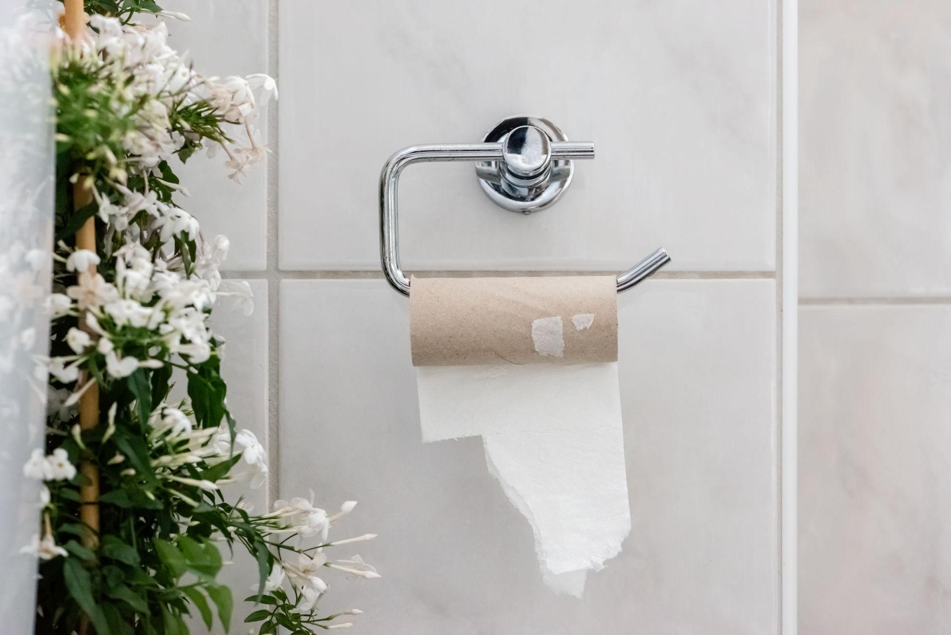 Leere Toilettenpapierrolle im Bad – ein Grund fuer die WC Dusche als hygienische Alternative