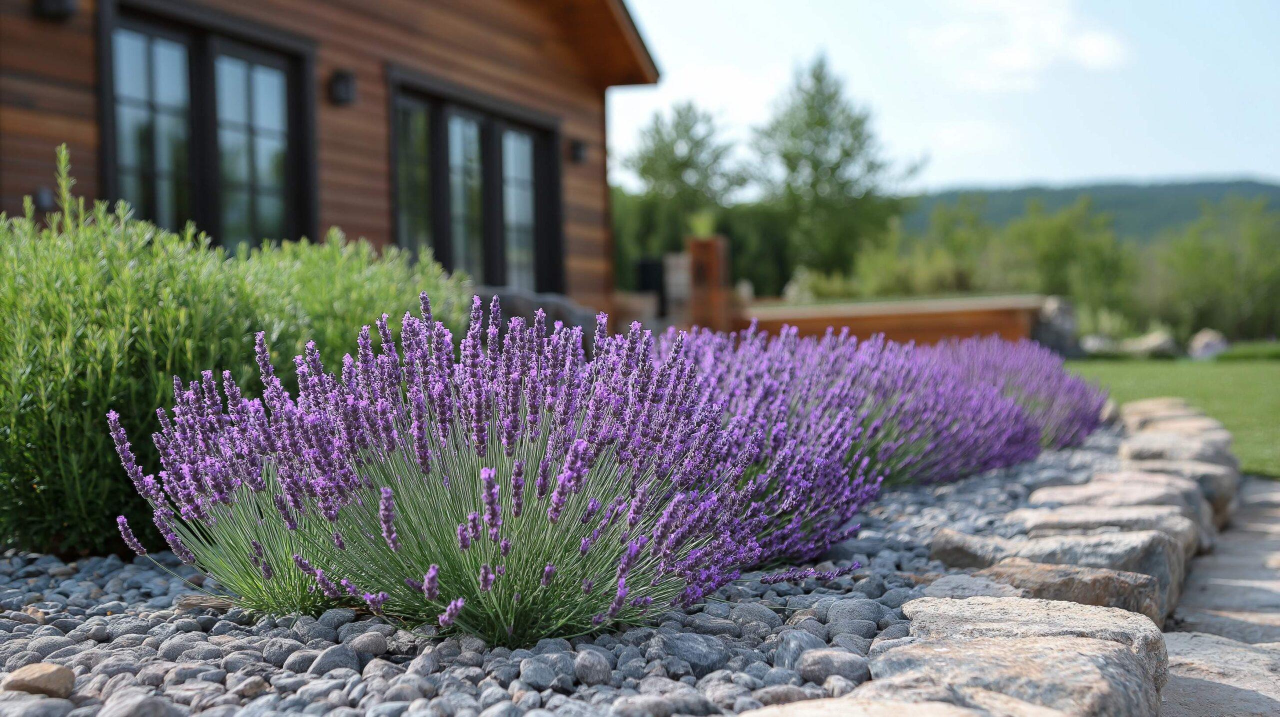 Üppige Lavendelpflanzen erstrecken sich anmutig entlang eines rustikalen Holzhauses und schaffen einen ruhigen Außenbereich, der voller Farbe und Ruhe ist.